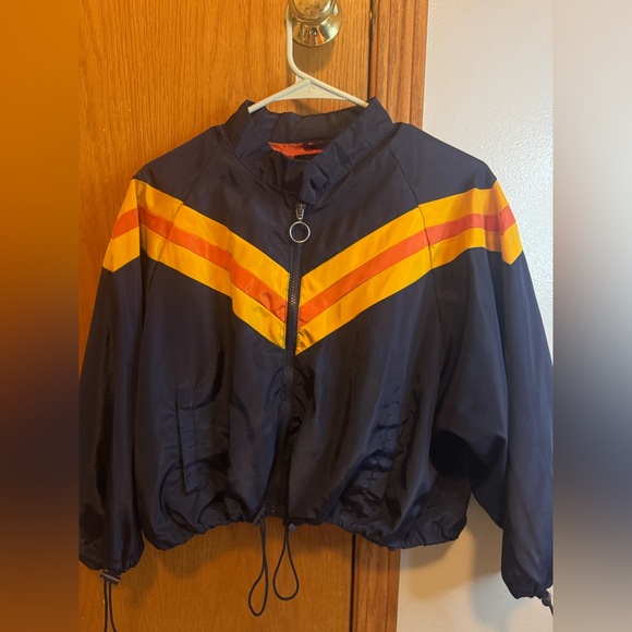 New Look LARGE retro crop windbreaker - blue with yellow/orange sleeve stripe - Picture 1 of 4
